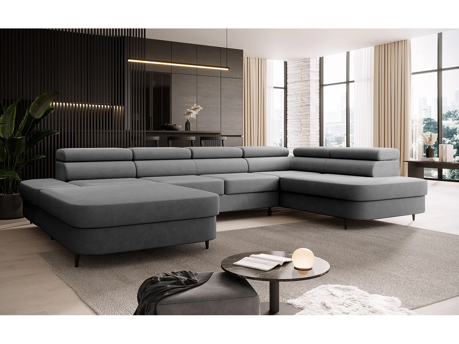 Canapé panoramique convertible avec coffre PRIAM U Droit avec fonction couchage  Velours Gris