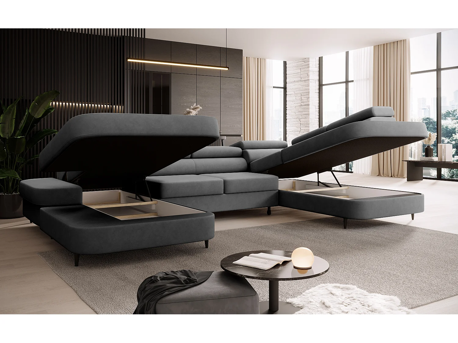 Canapé panoramique convertible avec coffre PRIAM U Droit avec fonction couchage  Velours Gris