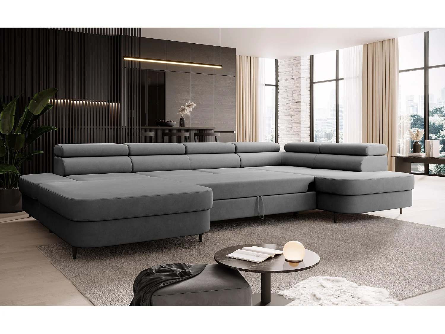 Canapé panoramique convertible avec coffre PRIAM U Droit avec fonction couchage  Velours Gris