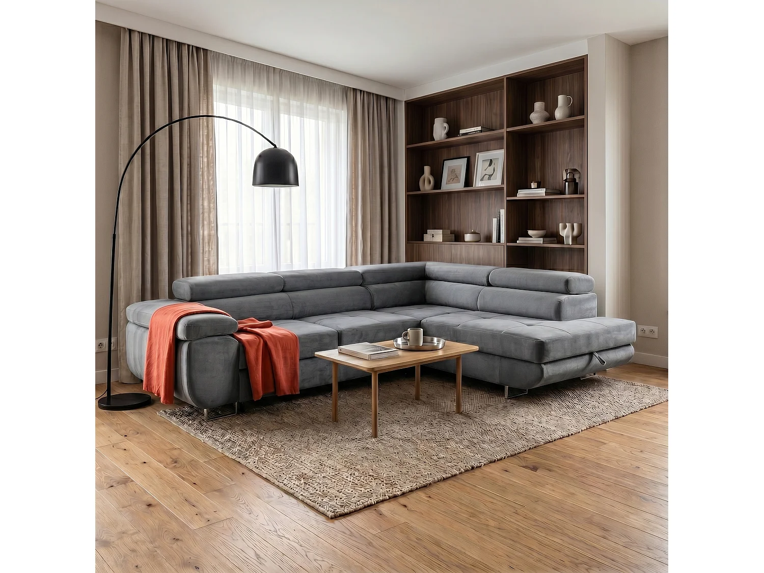 Ecksofa WILD L rechts mit Schlaffunktion 127x195 Velours grau