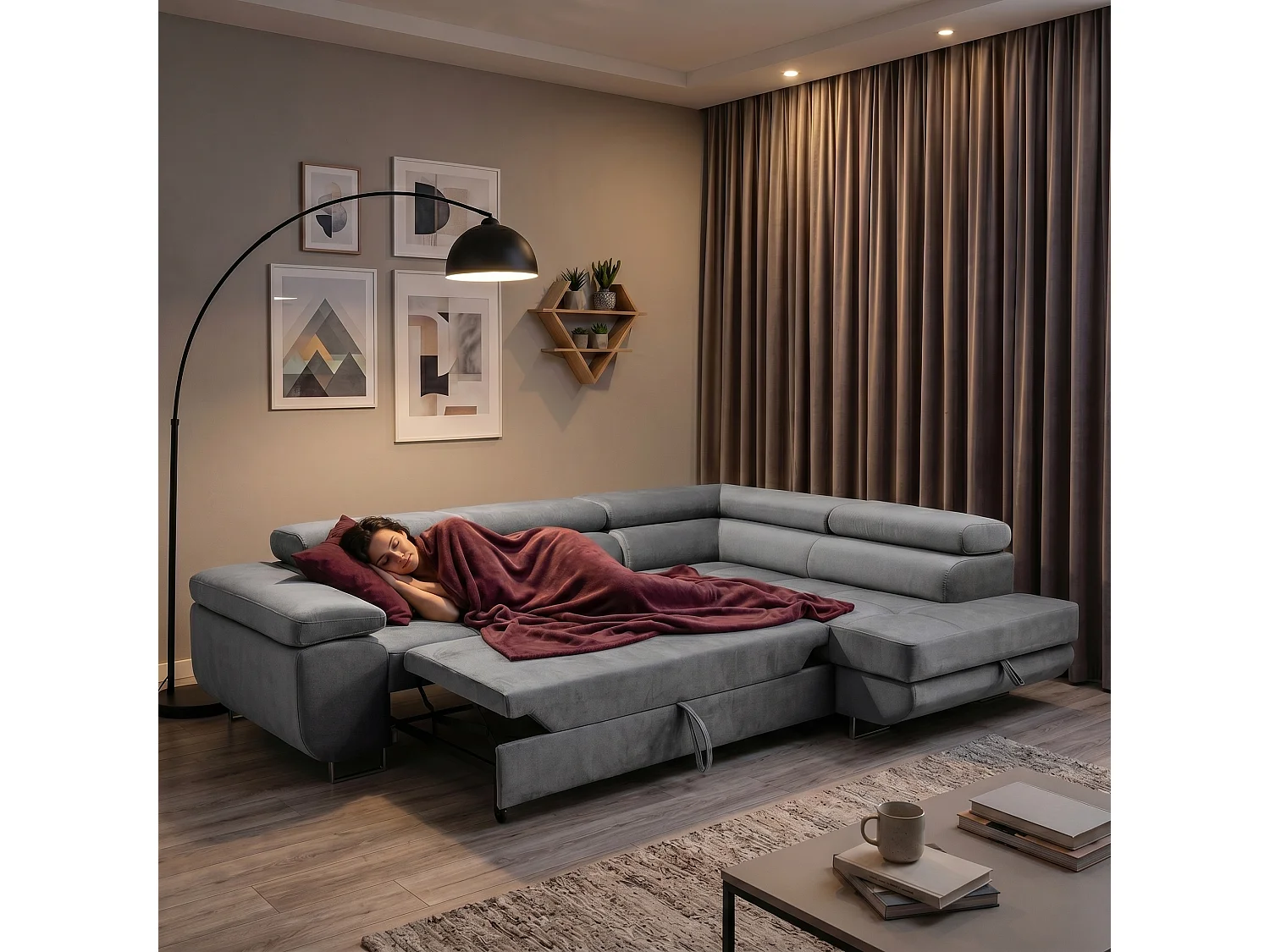 Ecksofa WILD L rechts mit Schlaffunktion 127x195 Velours grau