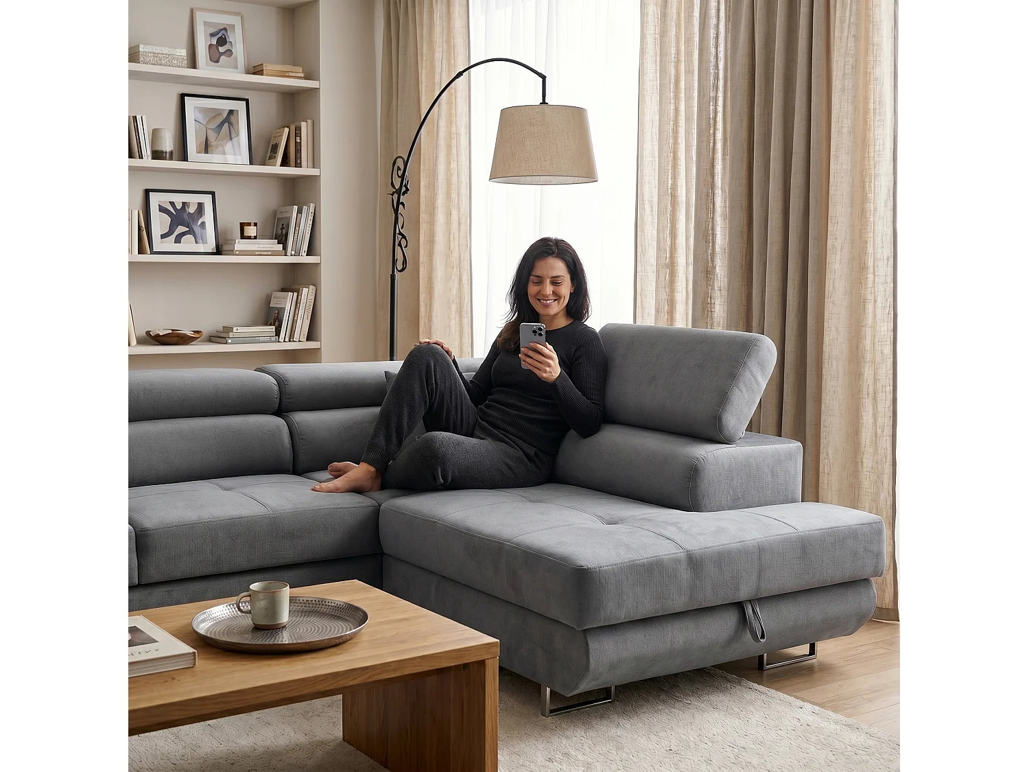 Ecksofa WILD L rechts mit Schlaffunktion 127x195 Velours grau