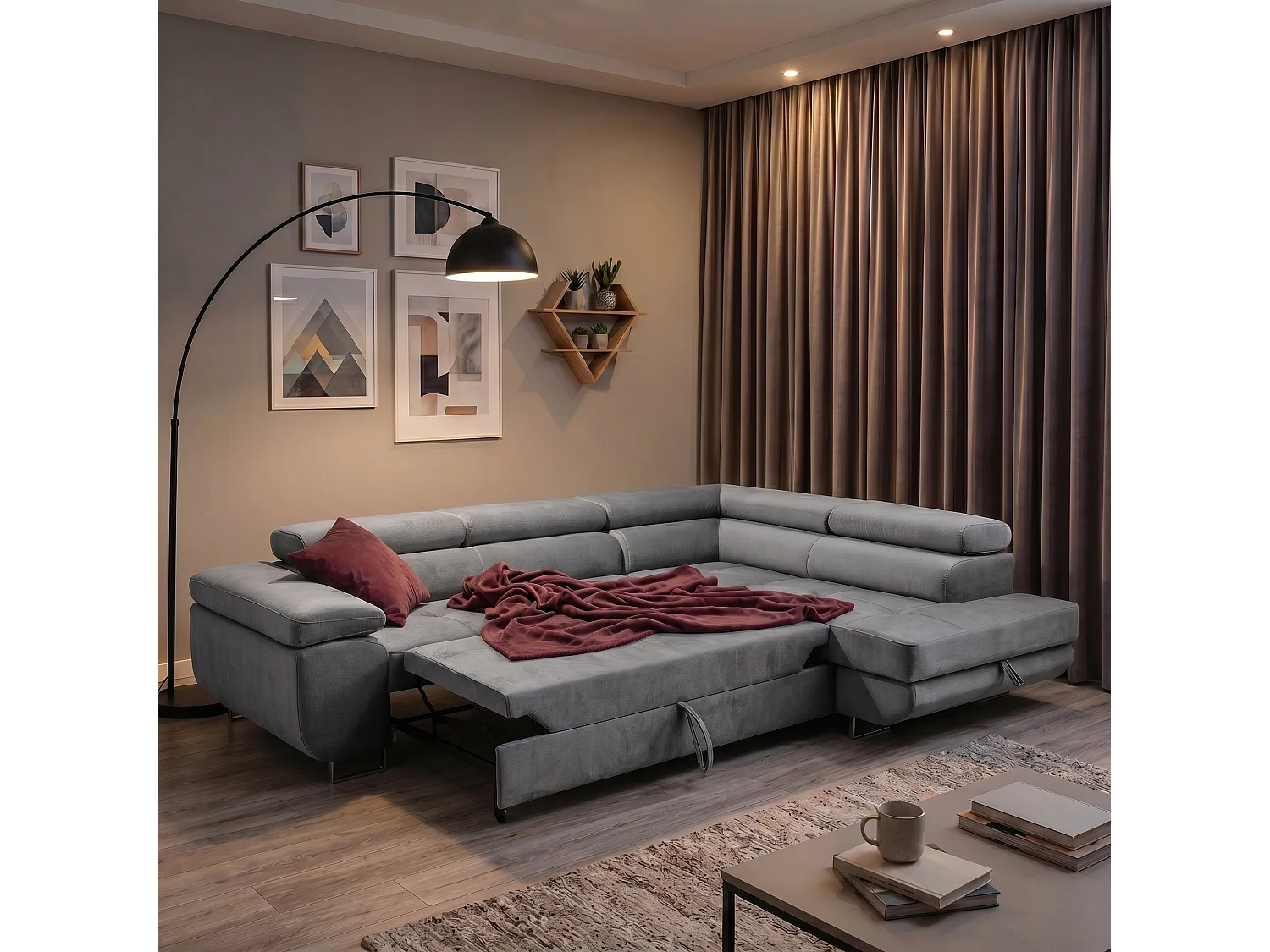 Canapé d'angle droit 3 places avec coffre en velours gris WILD