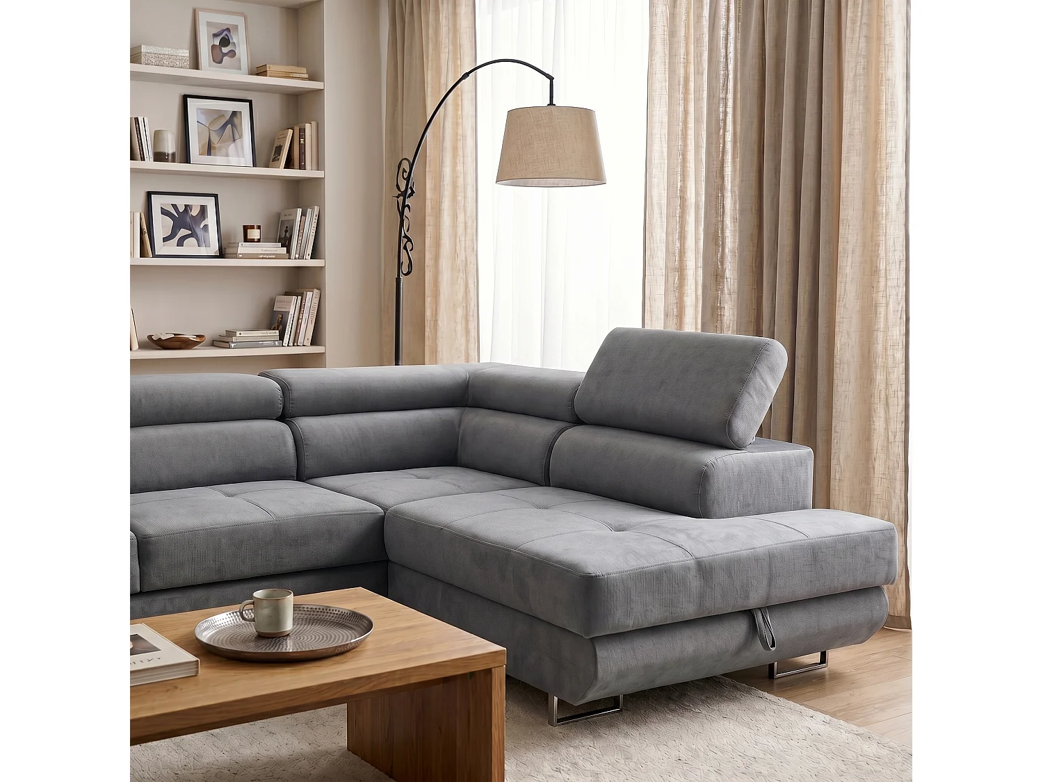 Canapé d'angle droit 3 places avec coffre en velours gris WILD