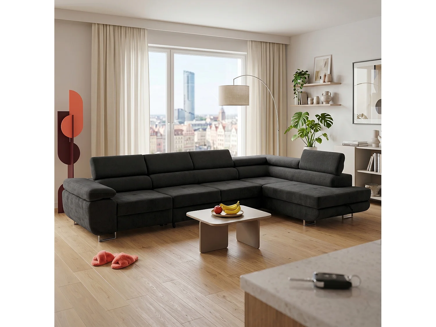 Canapé d'angle WILD MAXI L Droit avec fonction couchage 125x195 Chenille Noir
