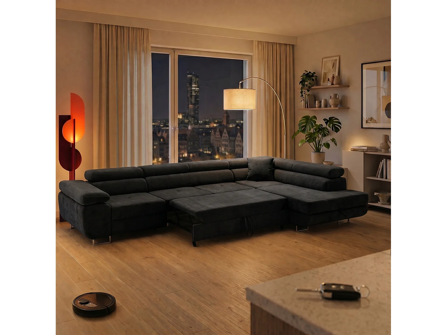 Canapé d'angle WILD MAXI L Droit avec fonction couchage 125x195 Chenille Noir