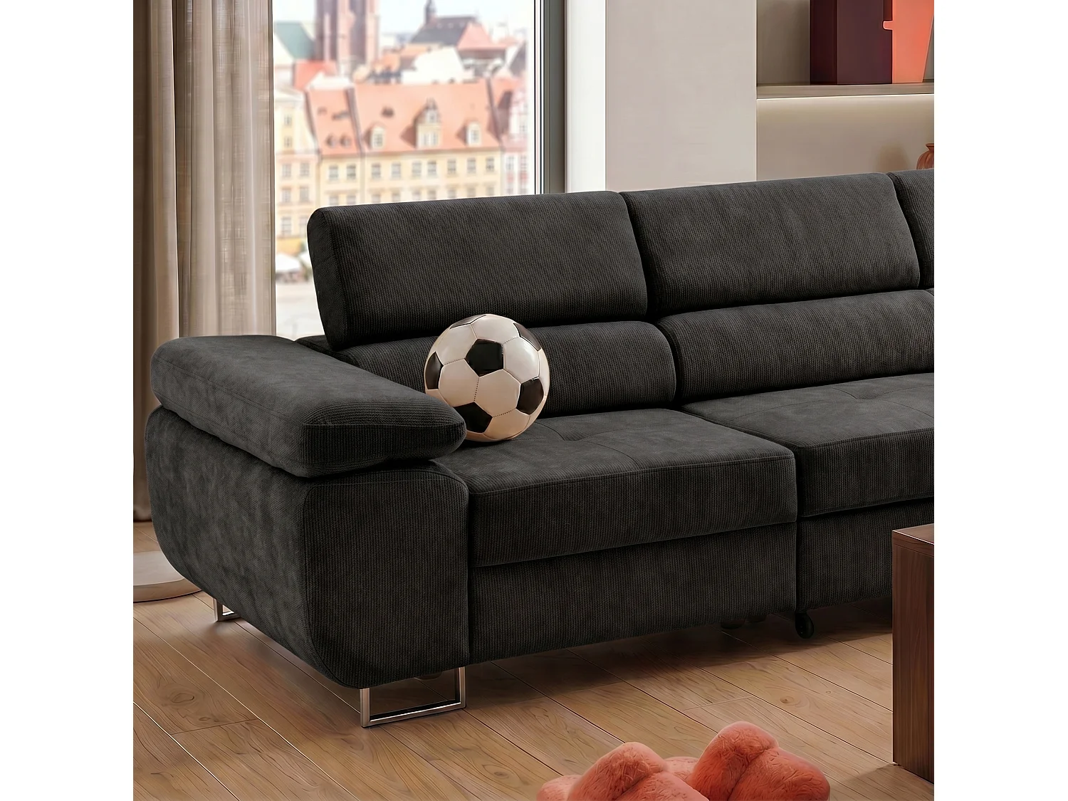Canapé d'angle WILD MAXI L Droit avec fonction couchage 125x195 Chenille Noir