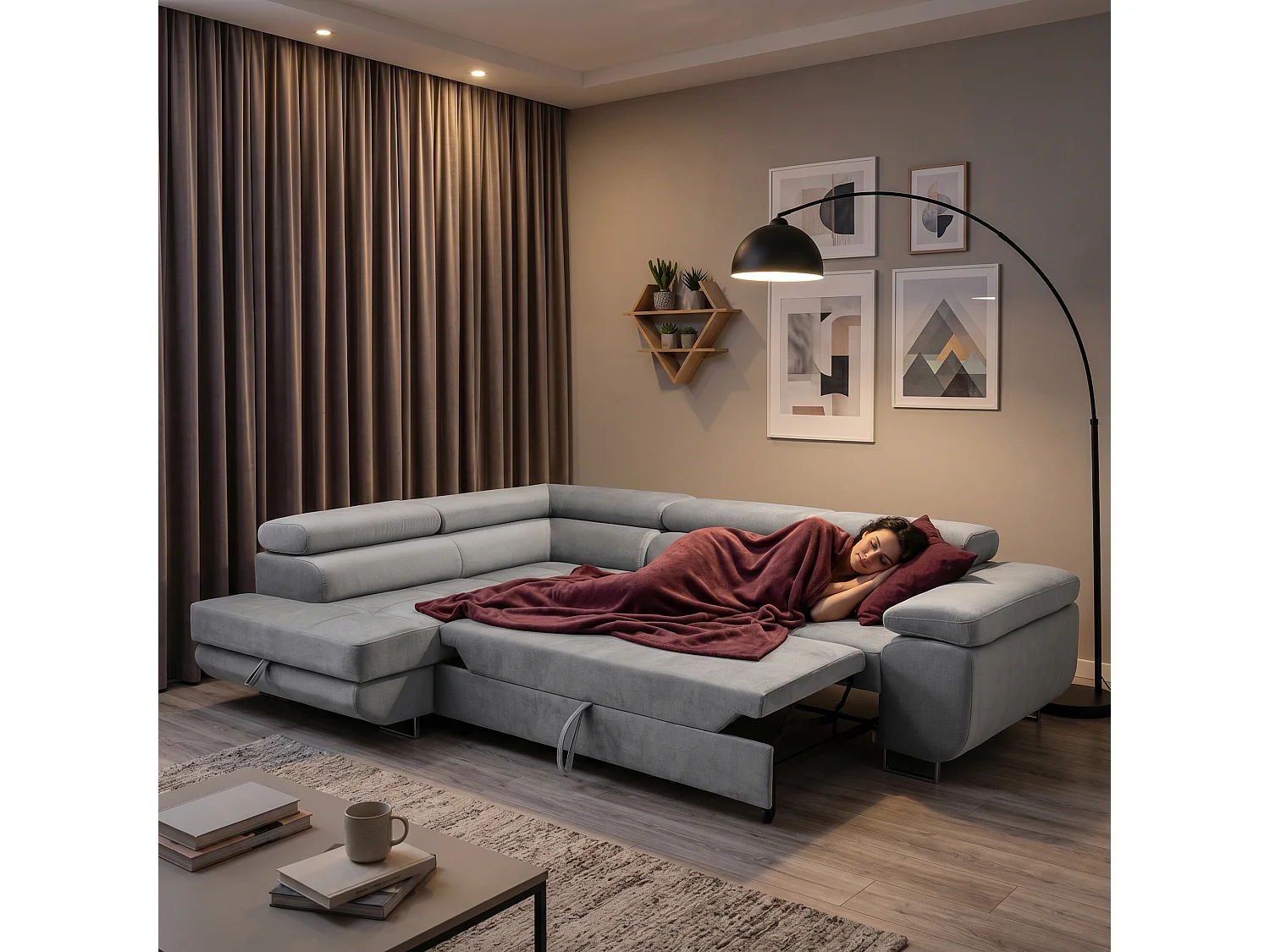 Ecksofa WILD L links mit Schlaffunktion 127x195 Velours hellgrau
