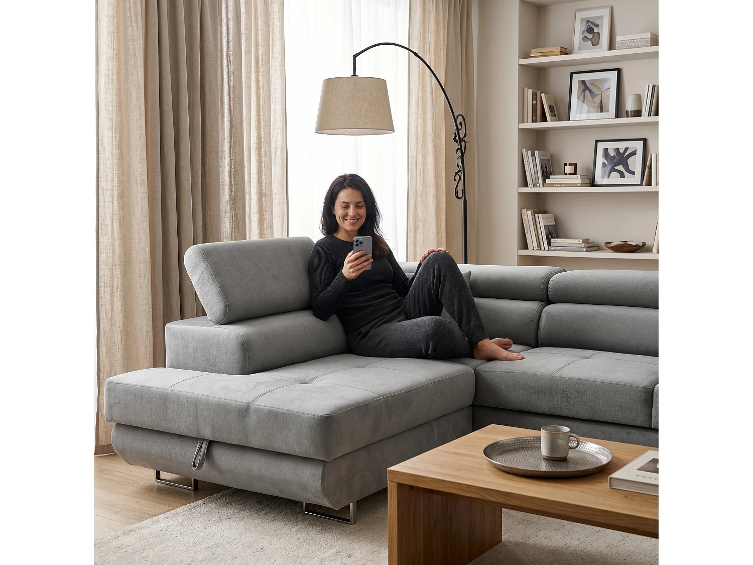Ecksofa WILD L links mit Schlaffunktion 127x195 Velours hellgrau