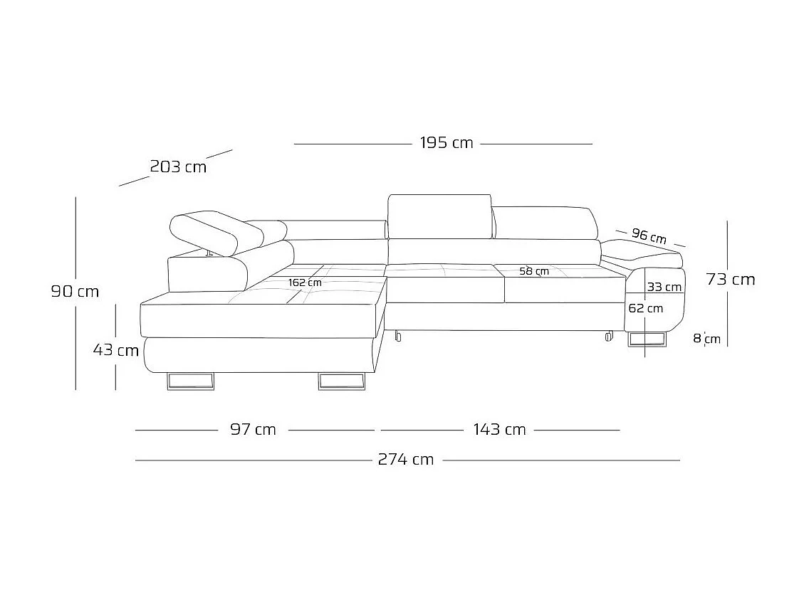 Ecksofa WILD L links mit Schlaffunktion 127x195 Velours hellgrau
