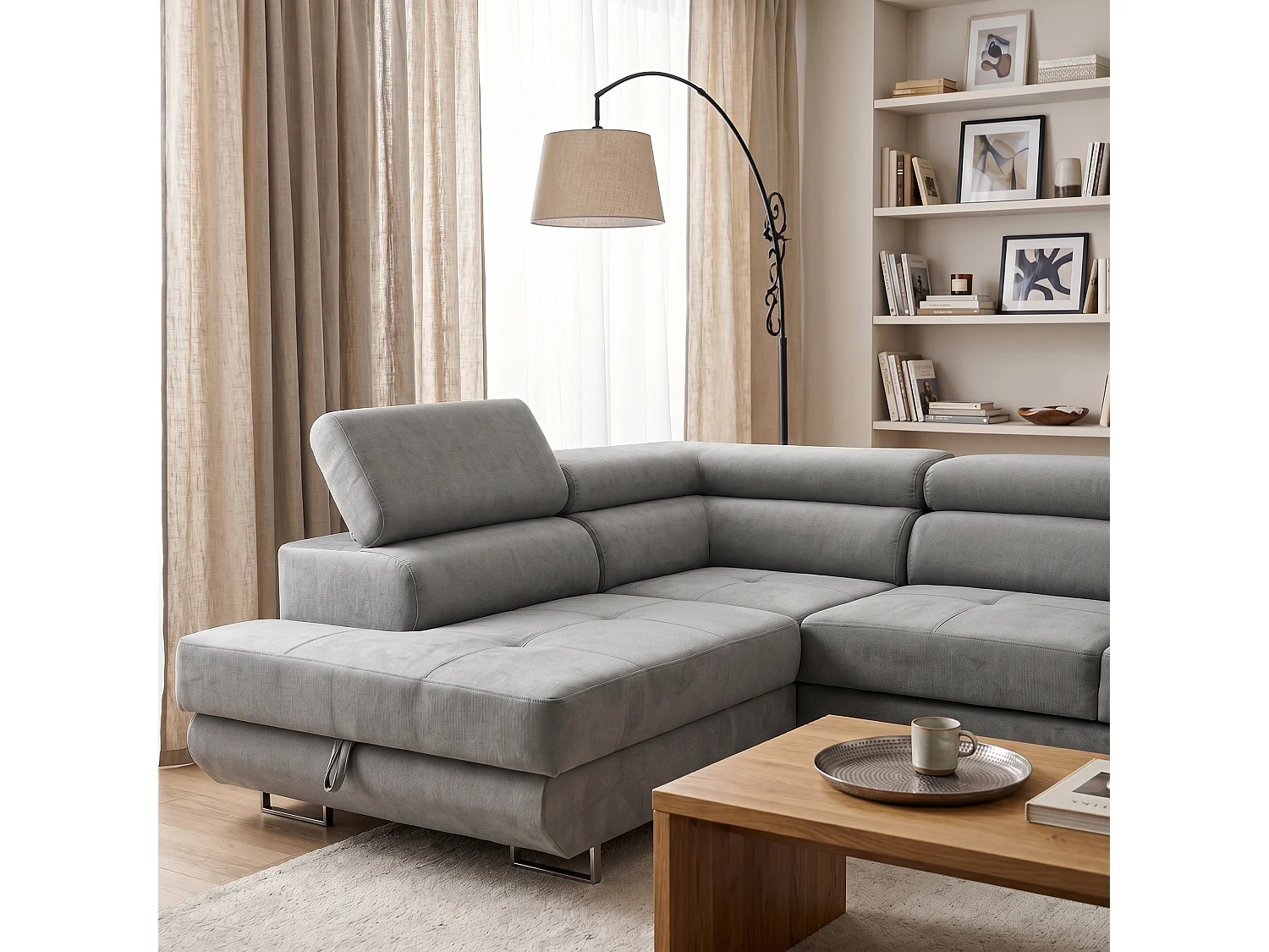 Canapé d'angle gauche 3 places avec coffre en velours gris clair WILD
