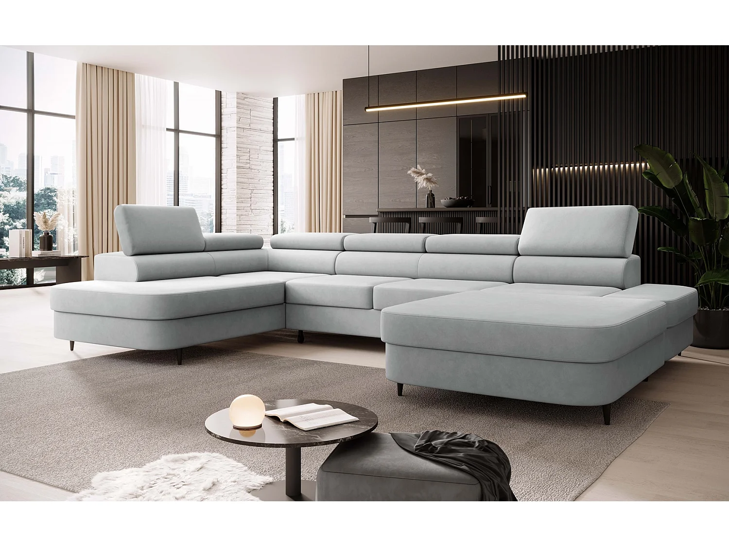 Canapé panoramique convertible avec coffre PRIAM U Gauche avec fonction couchage  Velours Gris clair