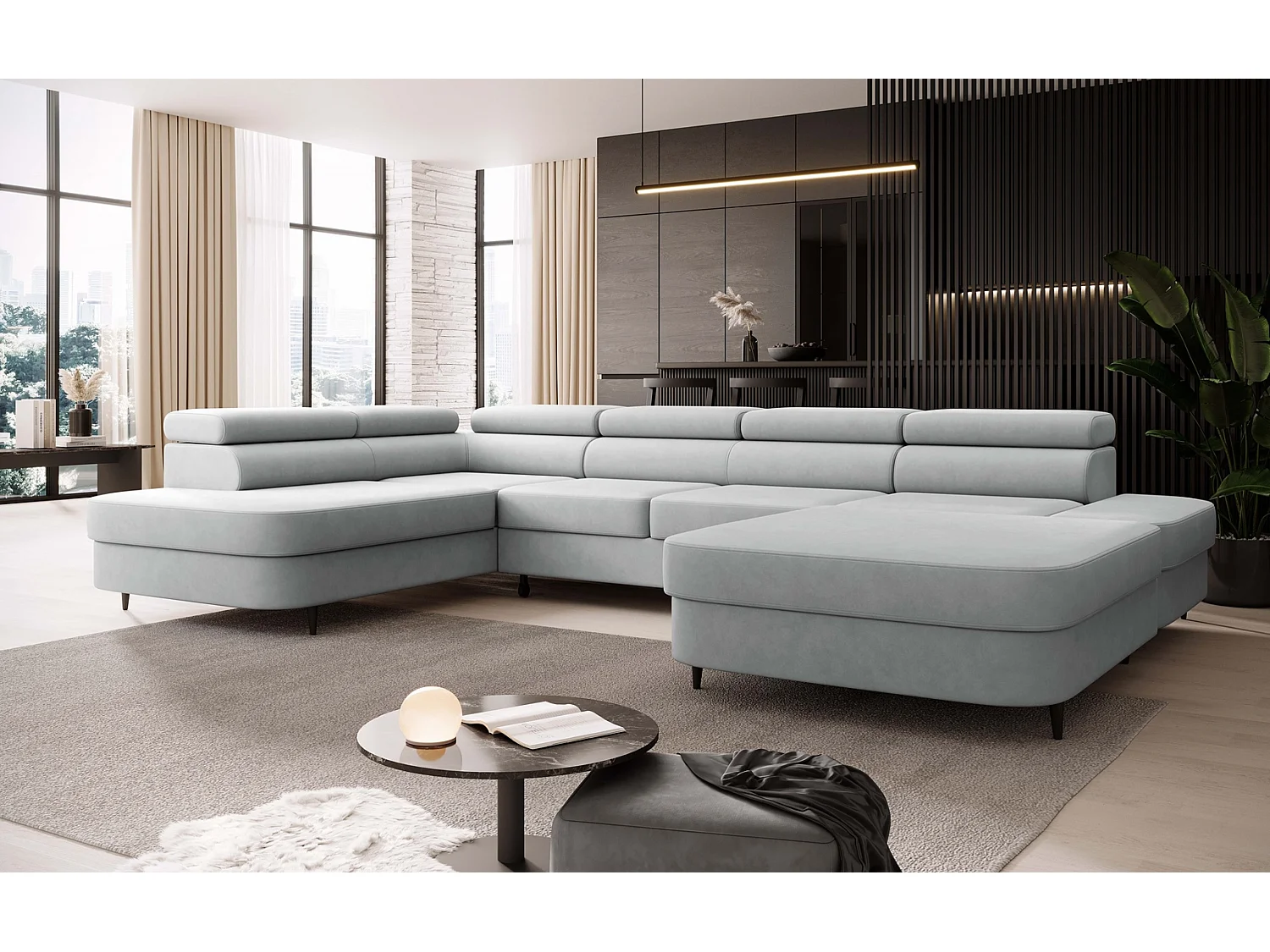 Canapé panoramique convertible avec coffre PRIAM U Gauche avec fonction couchage  Velours Gris clair