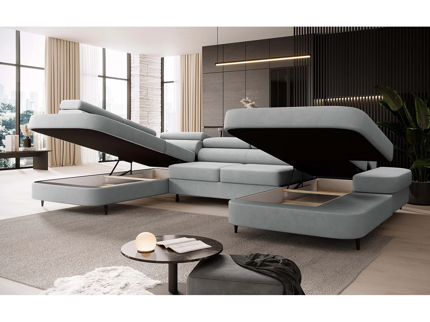Canapé panoramique convertible avec coffre PRIAM U Gauche avec fonction couchage  Velours Gris clair