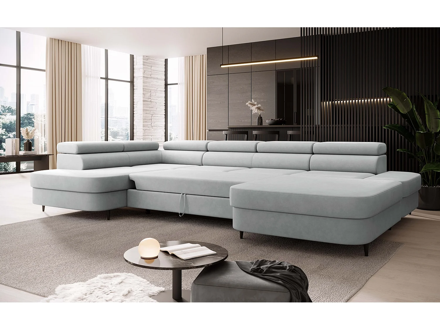 Canapé panoramique convertible avec coffre PRIAM U Gauche avec fonction couchage  Velours Gris clair