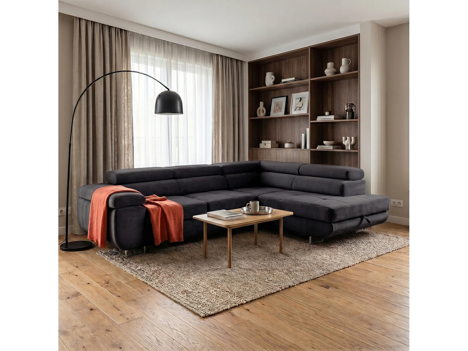 Ecksofa WILD L rechts mit Schlaffunktion 127x195 Velours anthrazitgrau