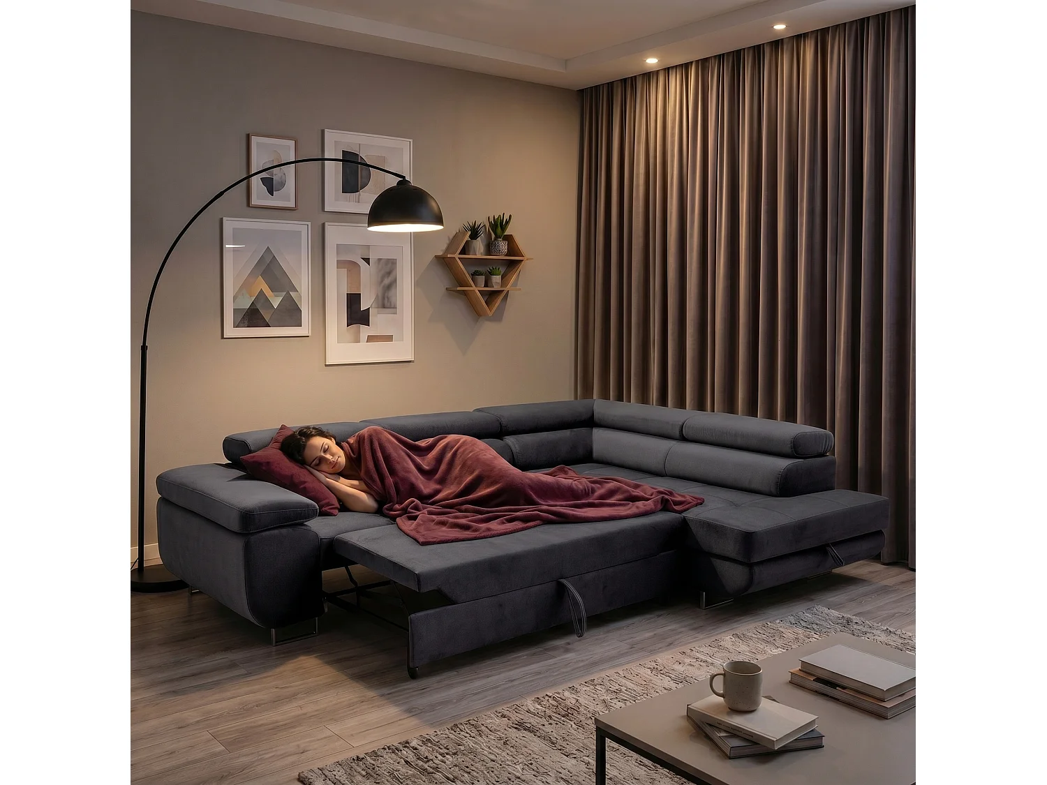 Ecksofa WILD L rechts mit Schlaffunktion 127x195 Velours anthrazitgrau