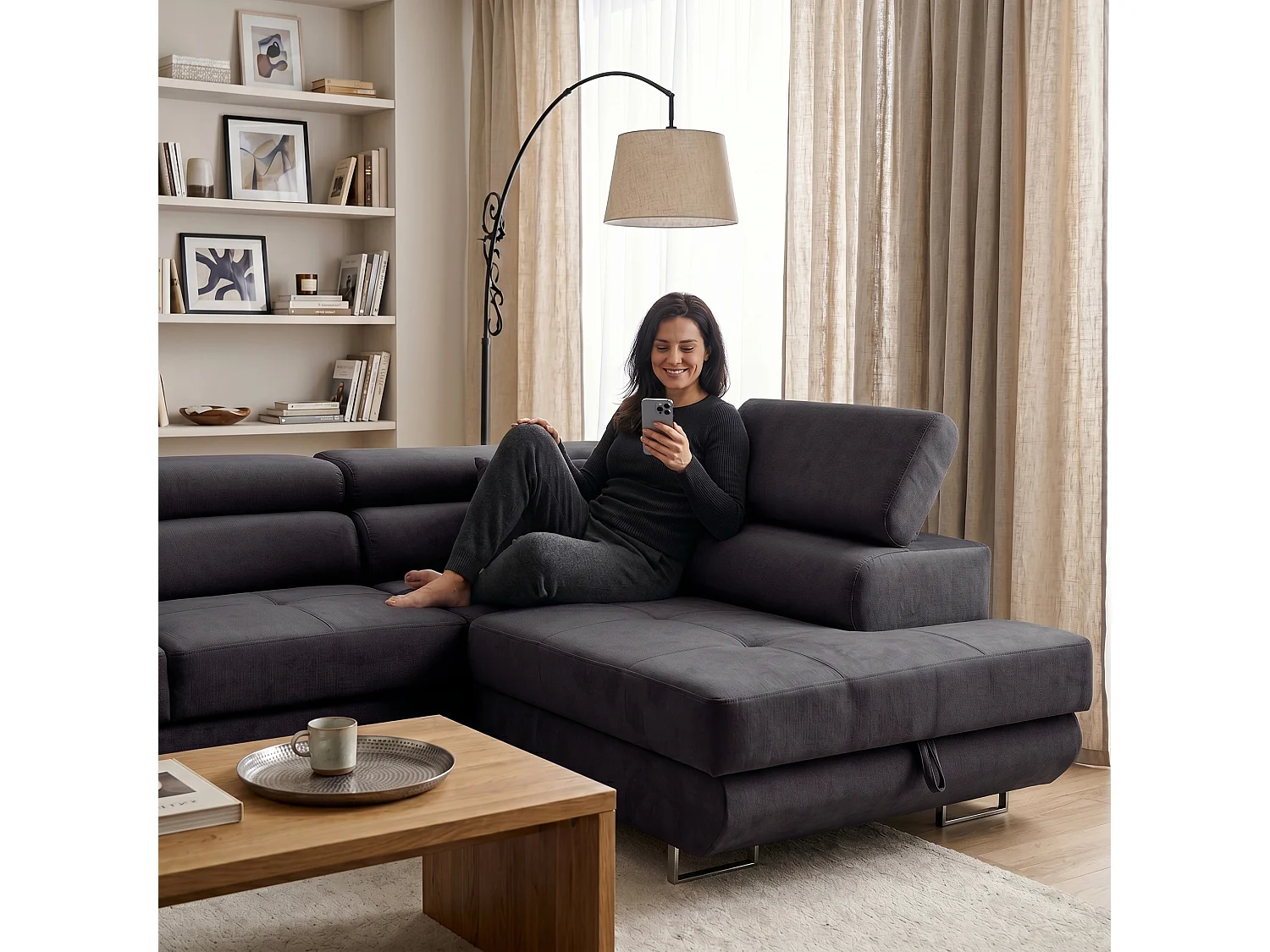 Ecksofa WILD L rechts mit Schlaffunktion 127x195 Velours anthrazitgrau