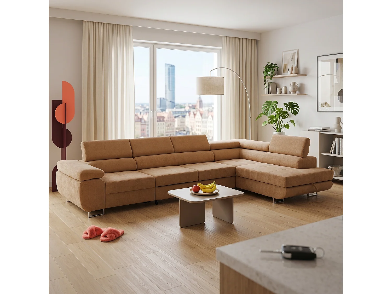 Canapé d'angle WILD MAXI L Droit avec fonction couchage 125x195 Chenille Marron