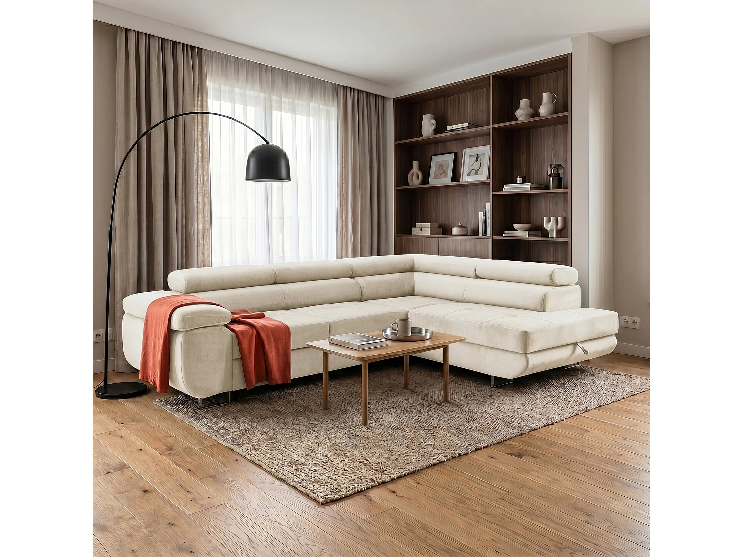Ecksofa WILD L rechts mit Schlaffunktion 127x195 Velours beige