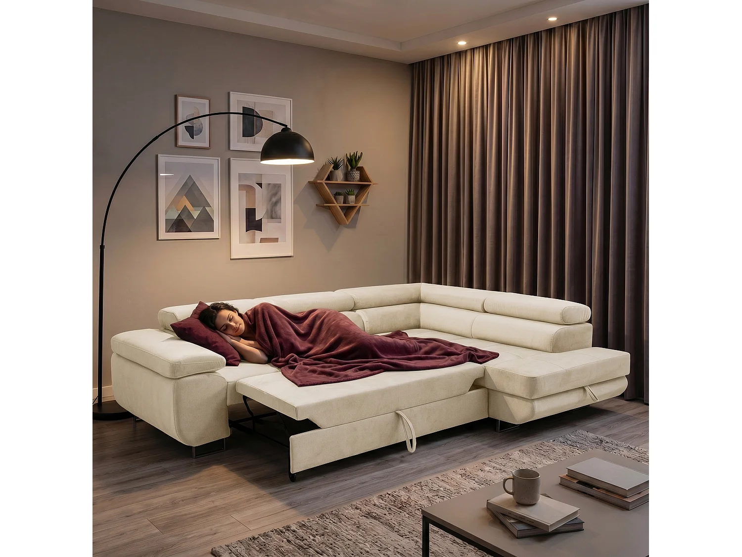 Ecksofa WILD L rechts mit Schlaffunktion 127x195 Velours beige