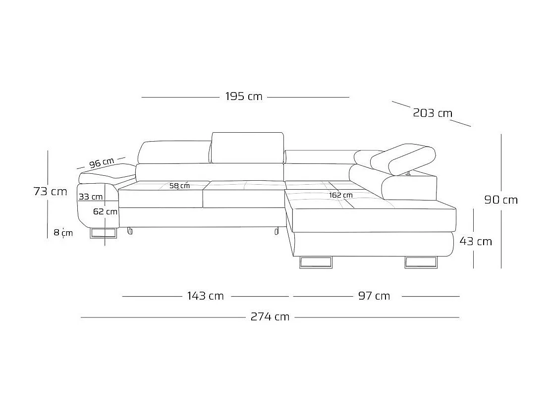 Ecksofa WILD L rechts mit Schlaffunktion 127x195 Velours beige