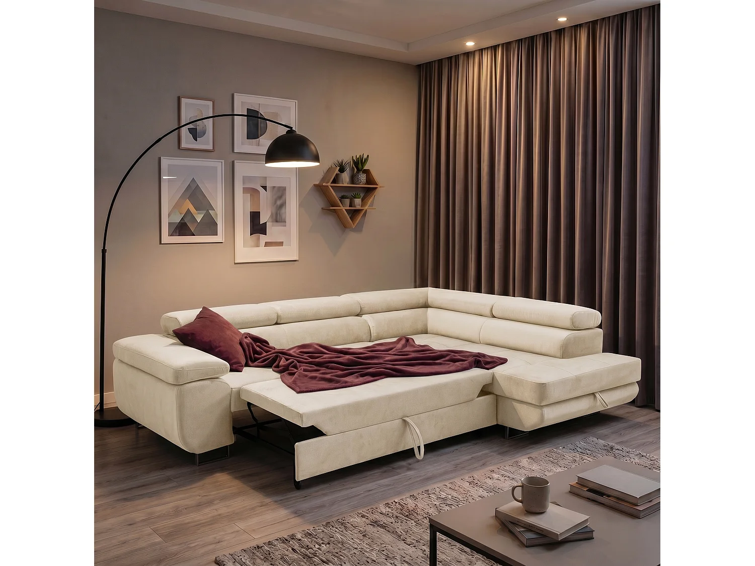 Canapé d'angle droit 3 places avec coffre en velours beige WOLD