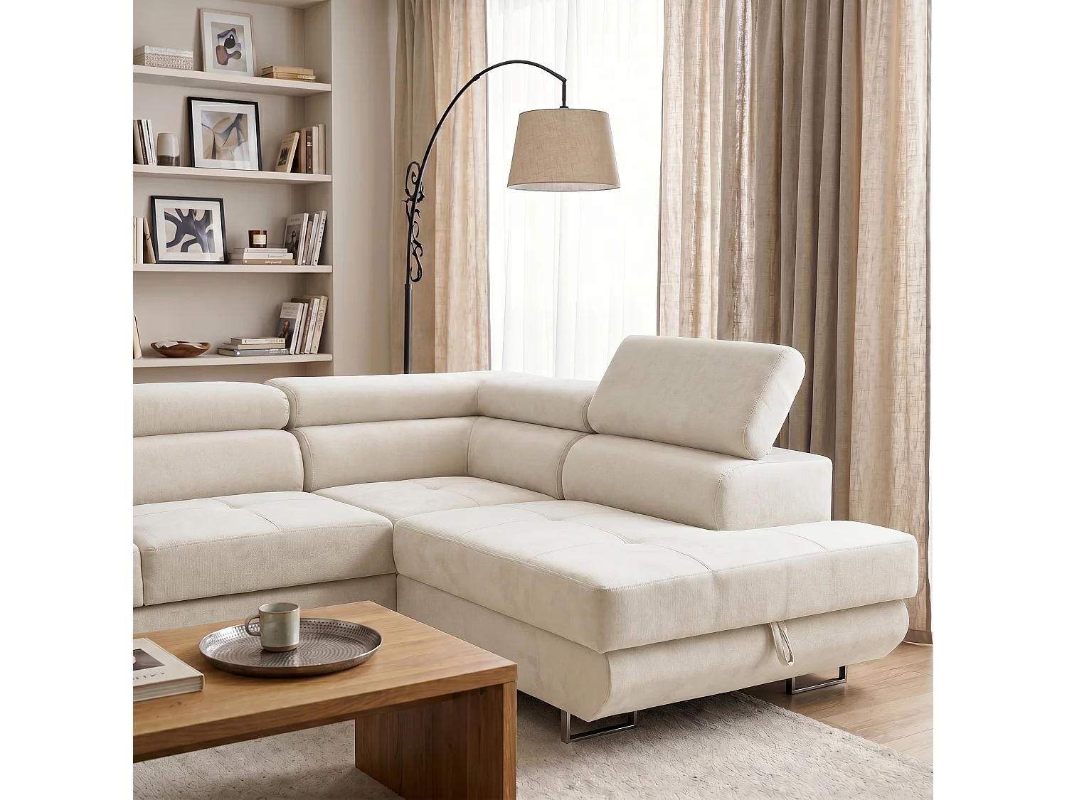 Canapé d'angle droit 3 places avec coffre en velours beige WOLD