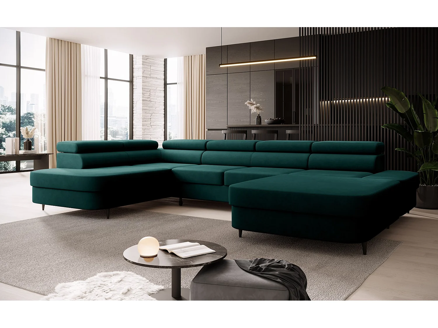 Canapé panoramique convertible avec coffre PRIAM U Gauche avec fonction couchage  Velours Vert