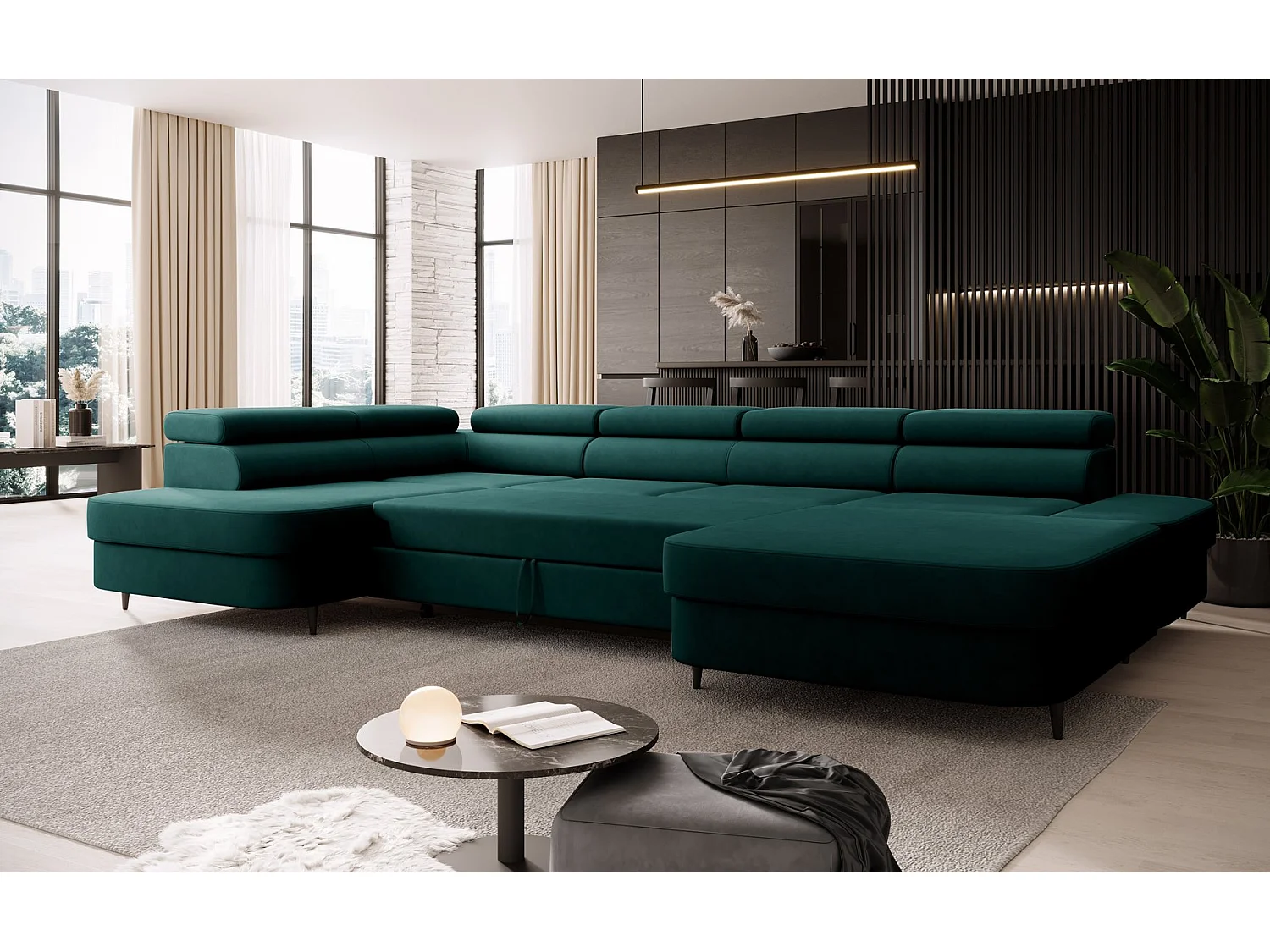 Canapé panoramique convertible avec coffre PRIAM U Gauche avec fonction couchage  Velours Vert