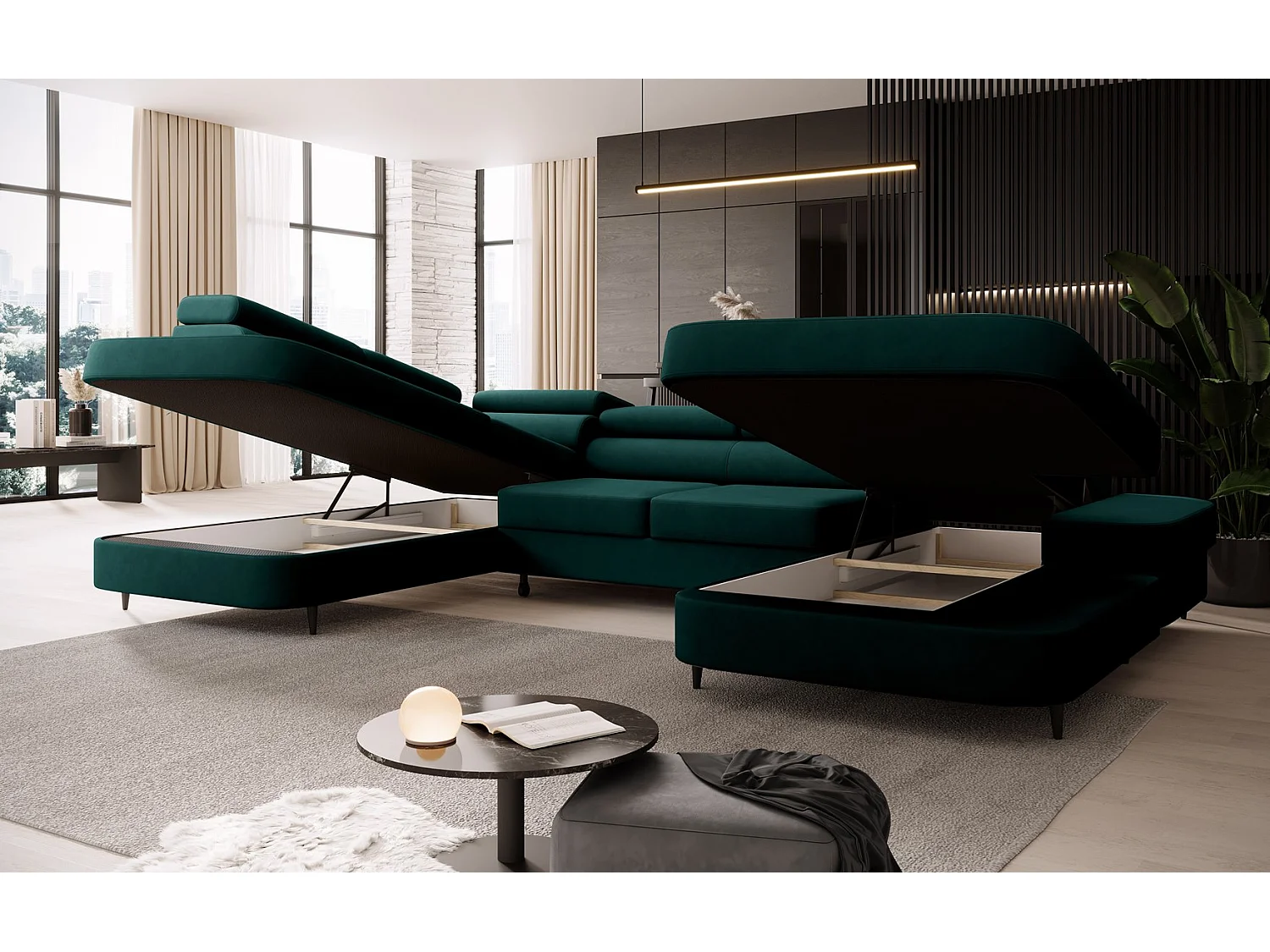 Canapé panoramique convertible avec coffre PRIAM U Gauche avec fonction couchage  Velours Vert