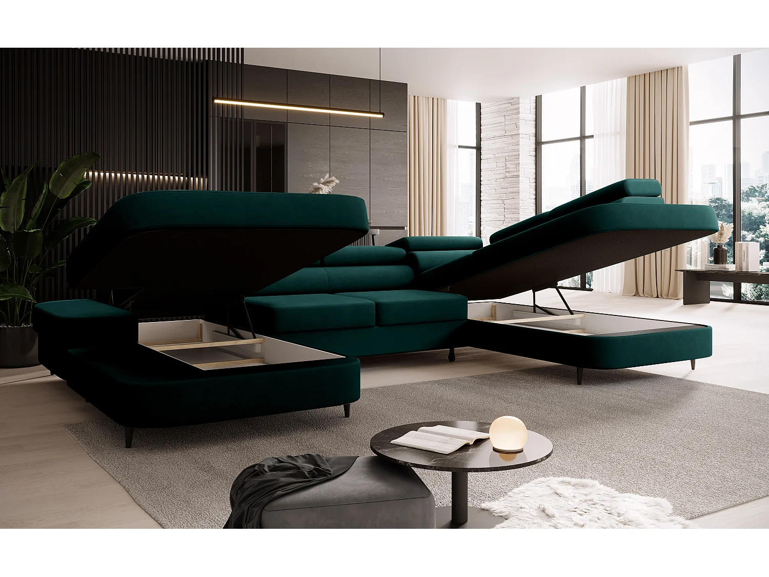 Canapé panoramique convertible avec coffre PRIAM U Gauche avec fonction couchage  Velours Vert