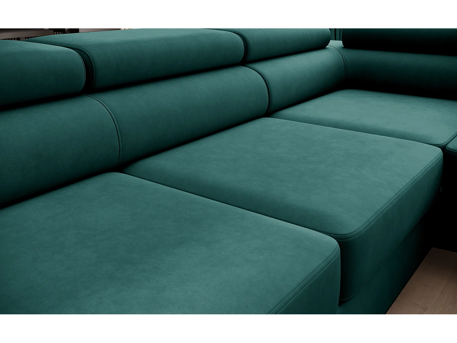 Canapé panoramique convertible avec coffre PRIAM U Gauche avec fonction couchage  Velours Vert