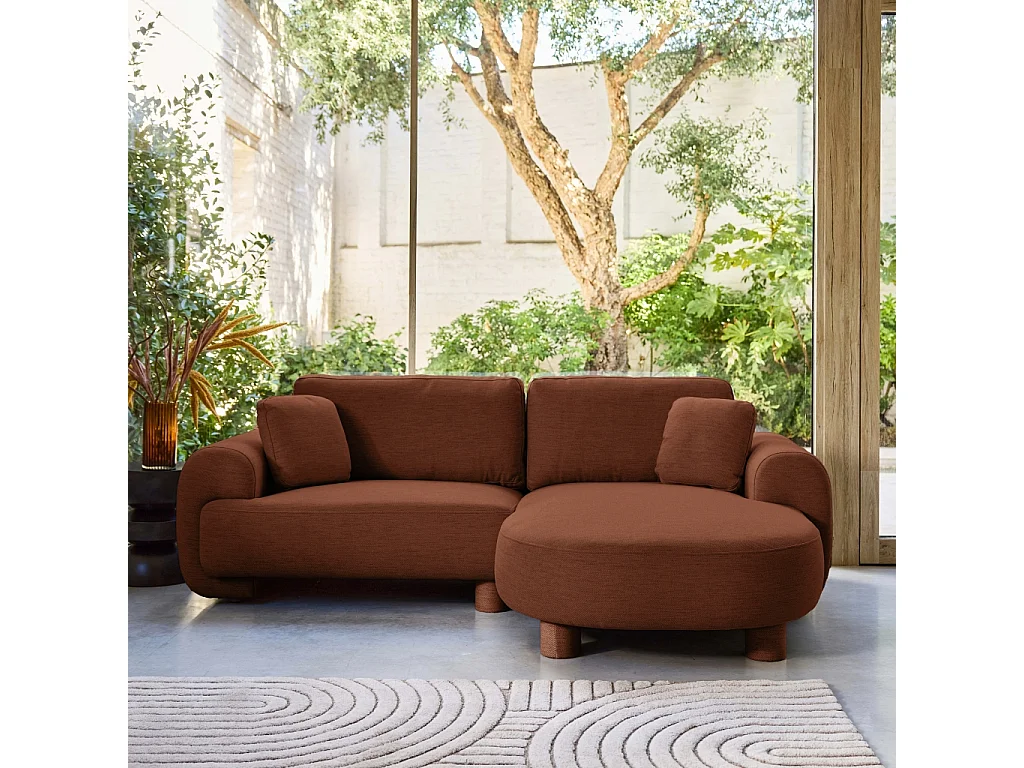 Canapé d'angle droite 3 places tissu terracotta. pieds ronds L 231 x P 160 / 88 cm - Zenio
