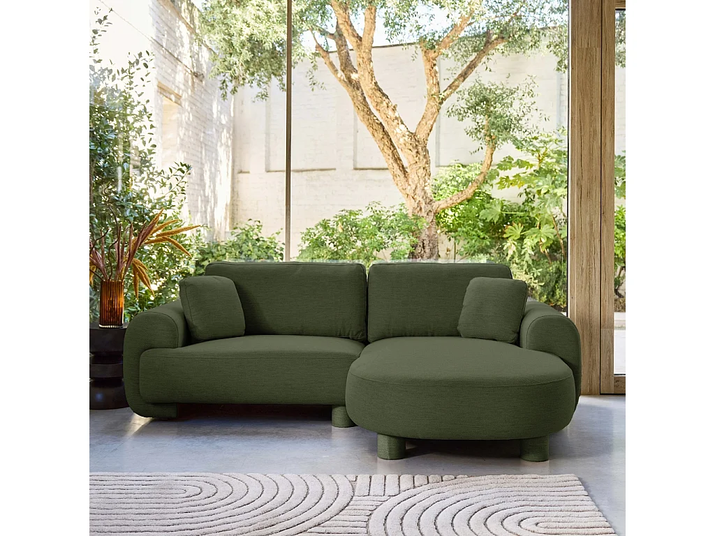 Canapé d'angle droite 3 places tissu kaki. pieds ronds L 231 x P 160 / 88 cm - Zenio