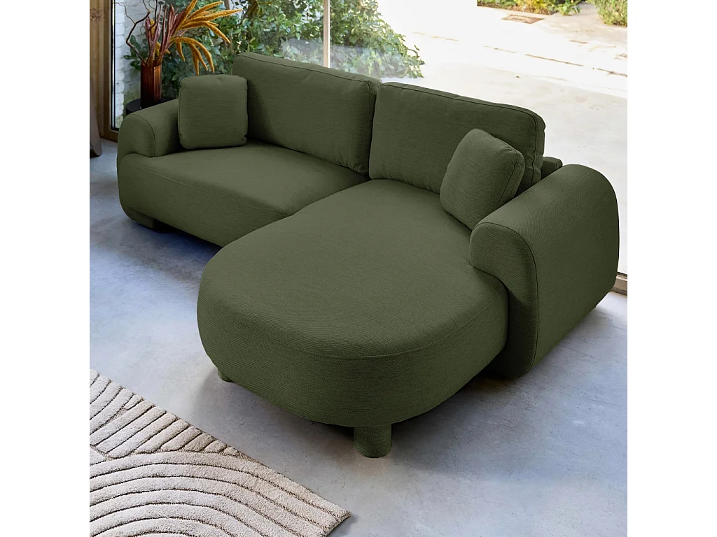 Canapé d'angle droite 3 places tissu kaki. pieds ronds L 231 x P 160 / 88 cm - Zenio