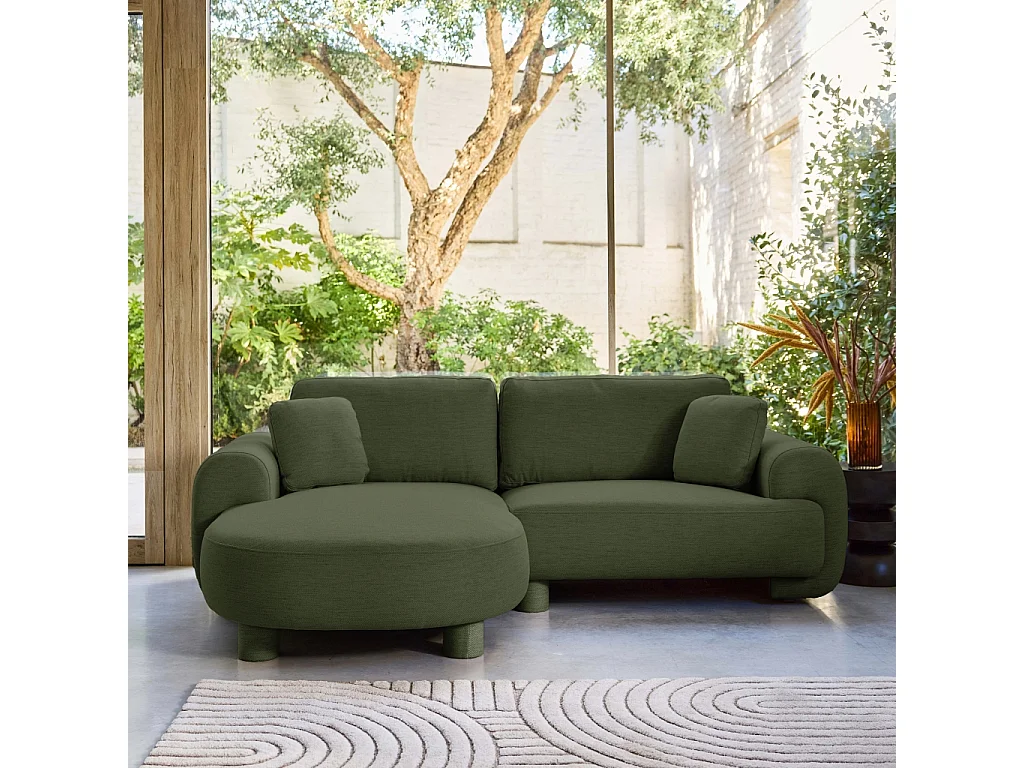 Canapé d'angle gauche 3 places tissu kaki. pieds ronds L 231 x P 160 / 88 cm - Zenio
