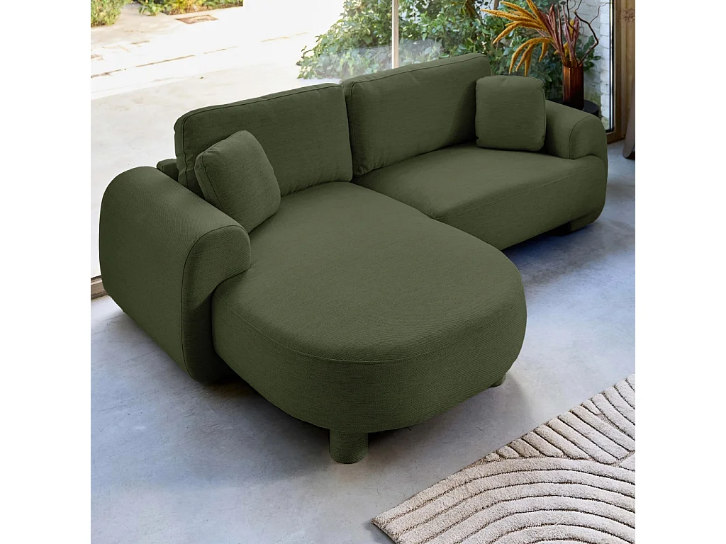 Canapé d'angle gauche 3 places tissu kaki. pieds ronds L 231 x P 160 / 88 cm - Zenio