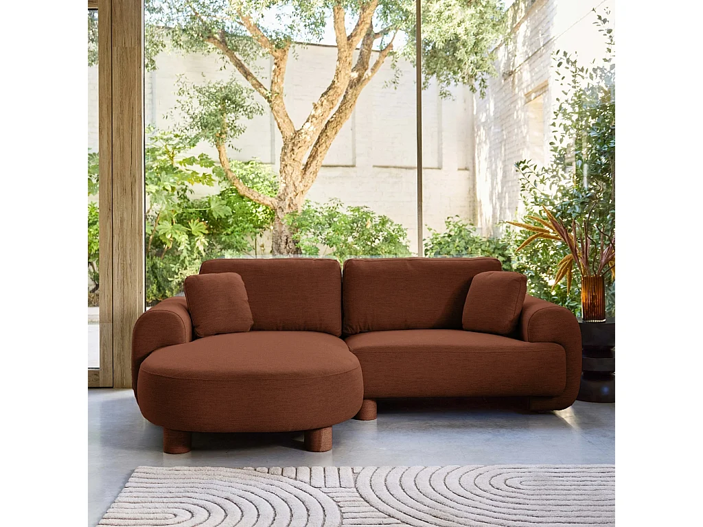 Canapé d'angle gauche 3 places tissu terracotta. pieds ronds L 231 x P 160 / 88 cm - Zenio