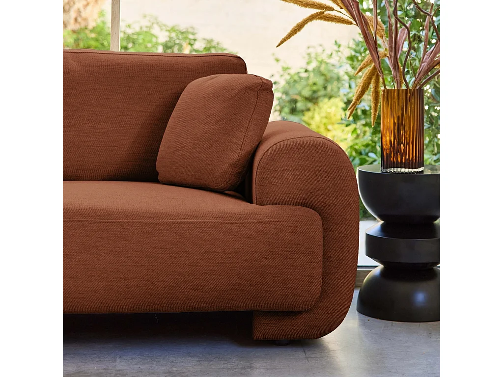 Canapé d'angle gauche 3 places tissu terracotta. pieds ronds L 231 x P 160 / 88 cm - Zenio