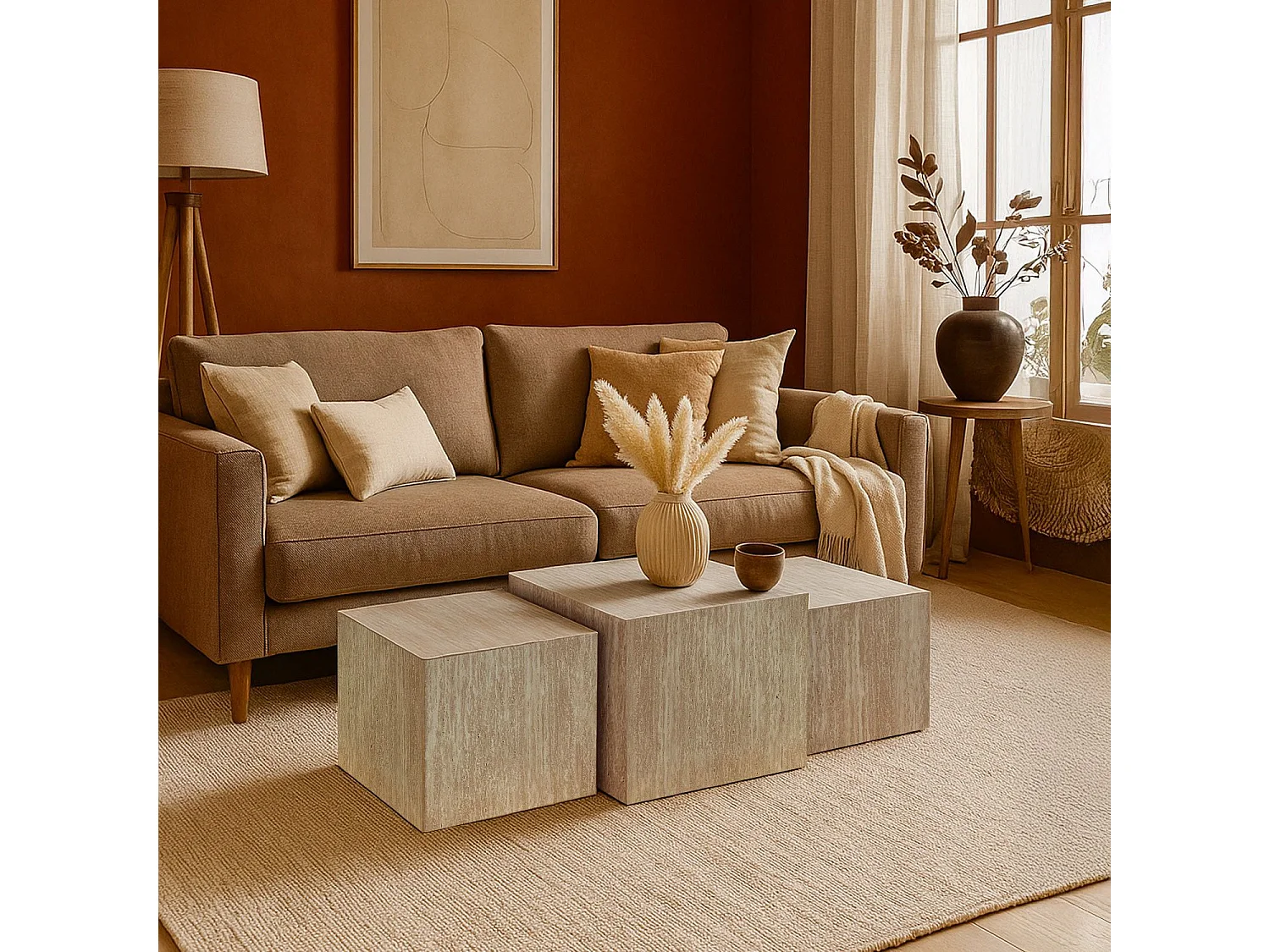 Lot de 3 tables basses Balkor Effet Travertin Beige