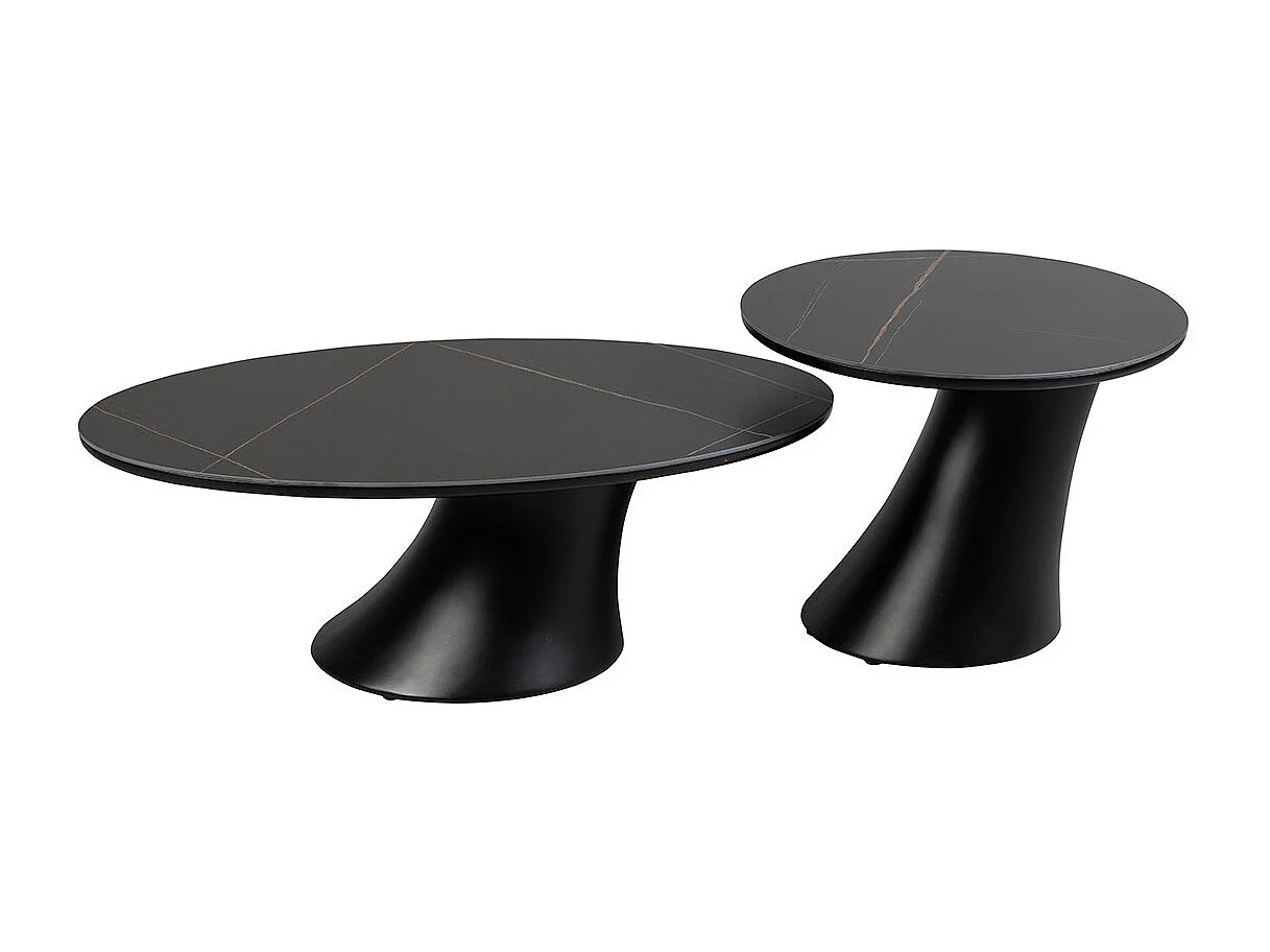 MAALA - Ensemble Table Basse et Bout de Canapé Noir en Céramique et Pied en ABS