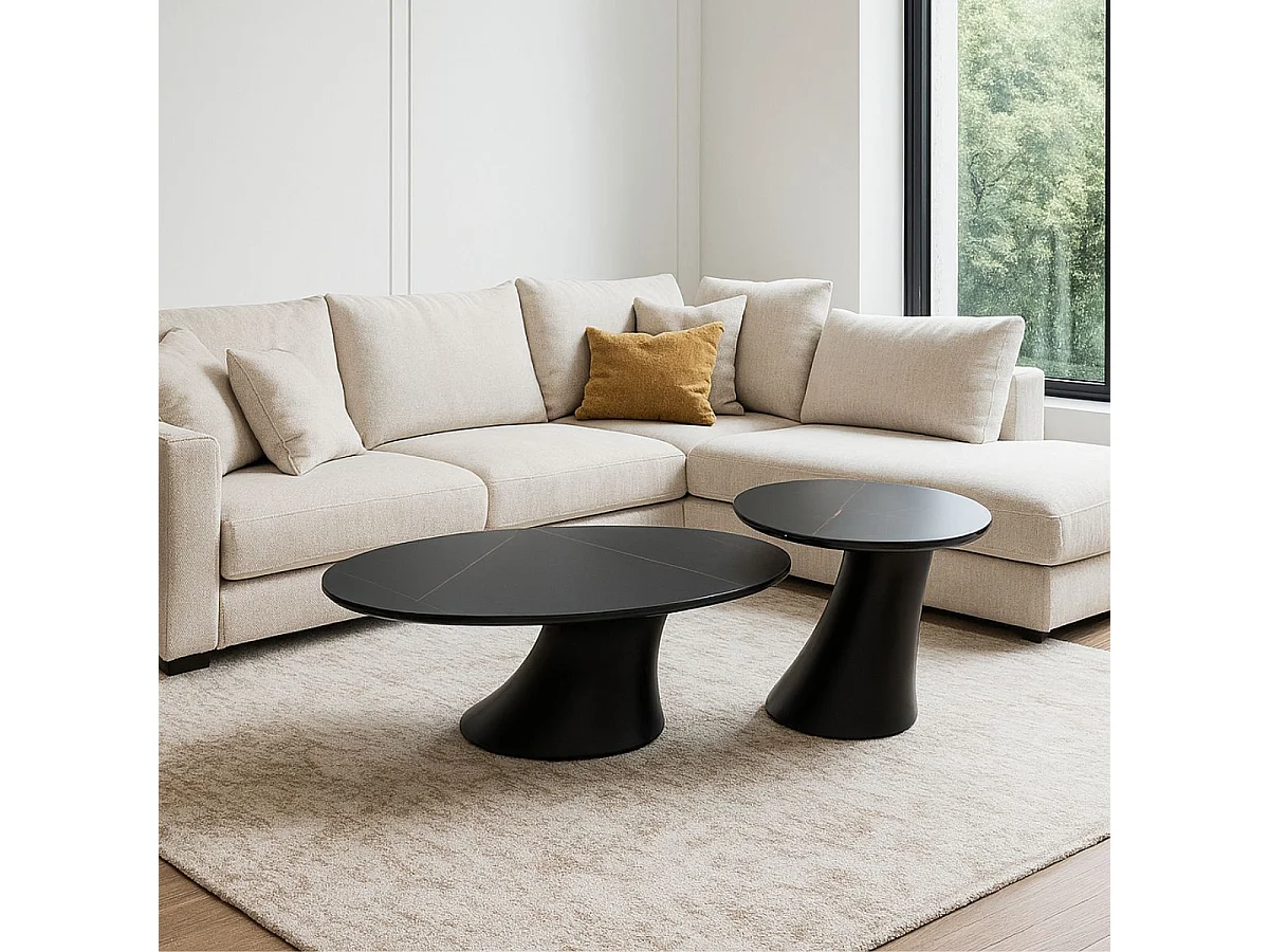 MAALA - Ensemble Table Basse et Bout de Canapé Noir en Céramique et Pied en ABS