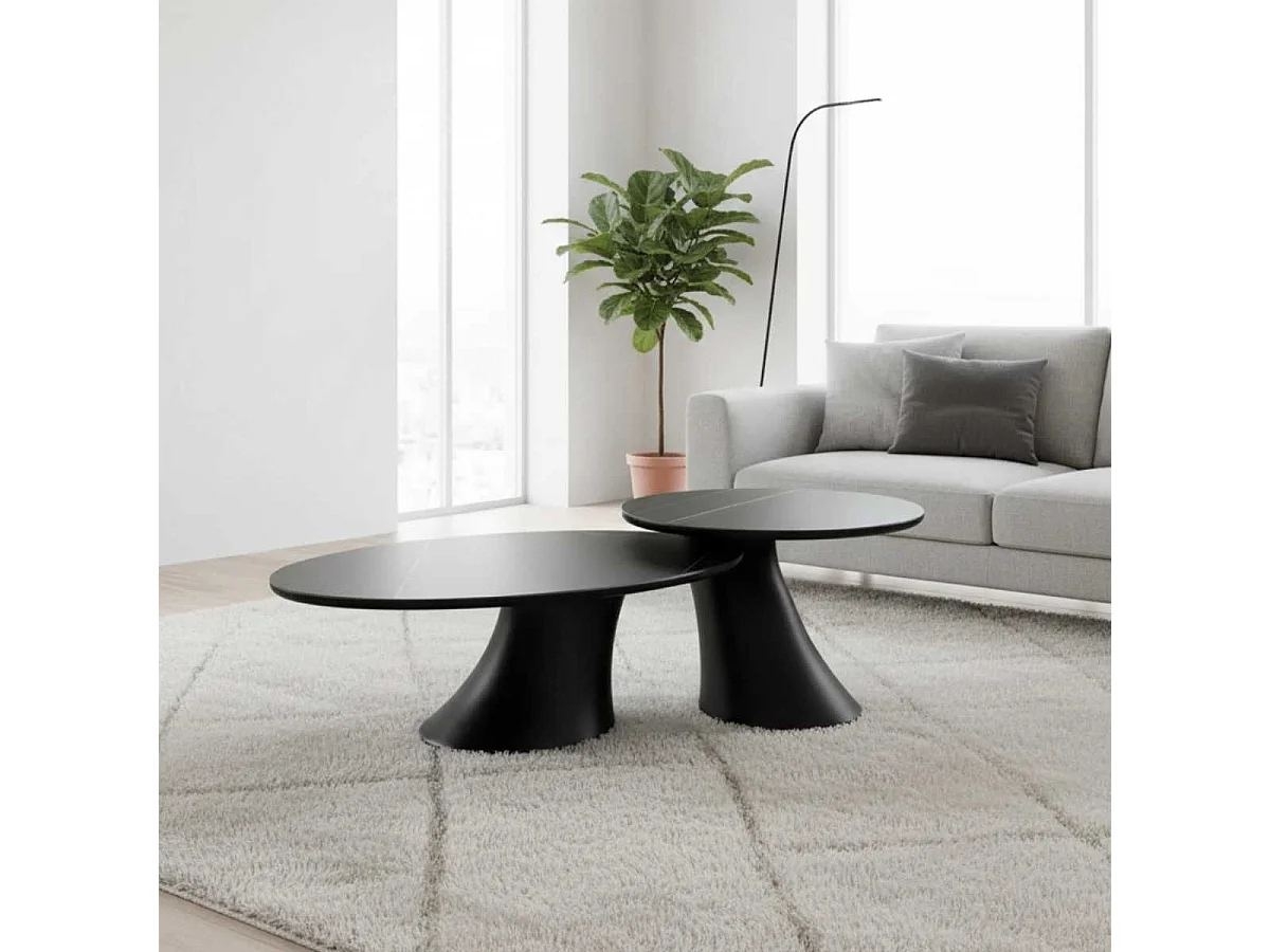 MAALA - Ensemble Table Basse et Bout de Canapé Noir en Céramique et Pied en ABS