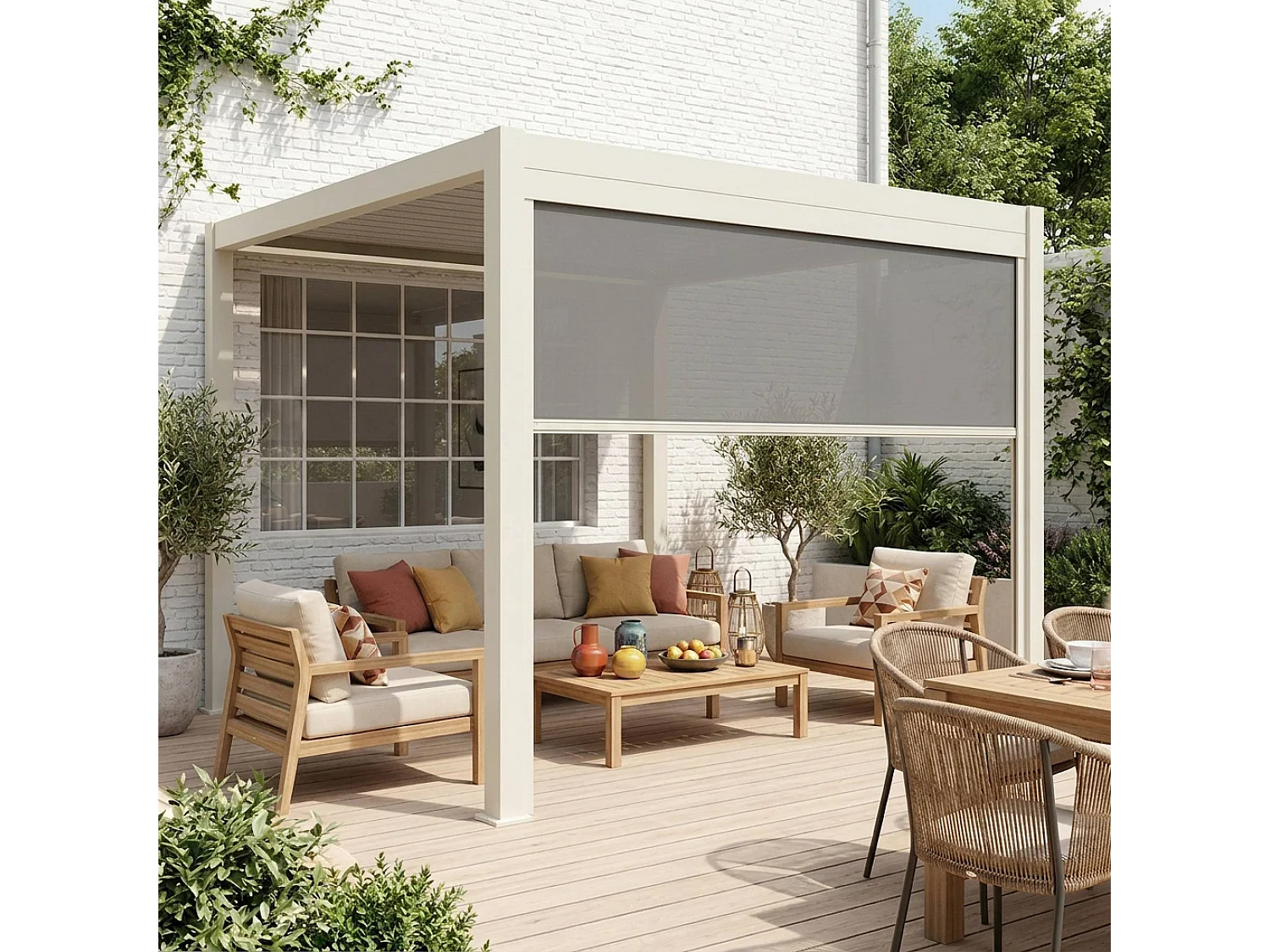 Pérgola bioclimática 3x4m + 1 toldo vertical de 3m beige