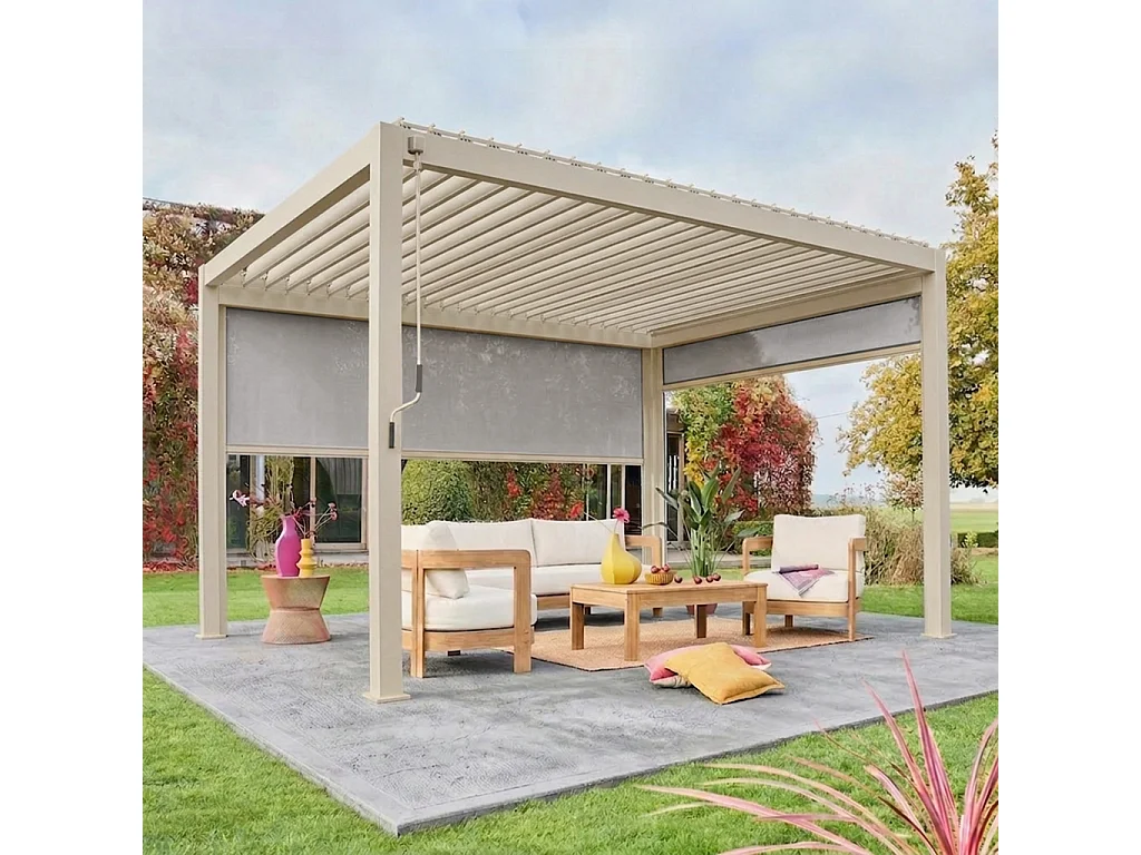 Pérgola bioclimática 3x4m + 2 toldos verticales de 3m y 4m beige