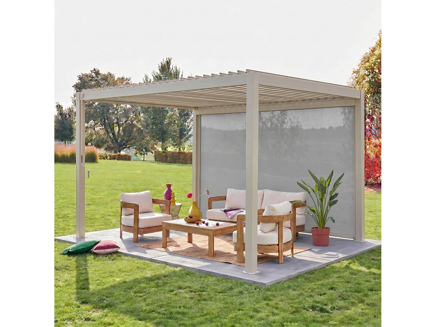 Pergola bioclimatica 3x4m in alluminio + tenda da sole 4m, Triomphe 3x4m + accessorio, Beige,