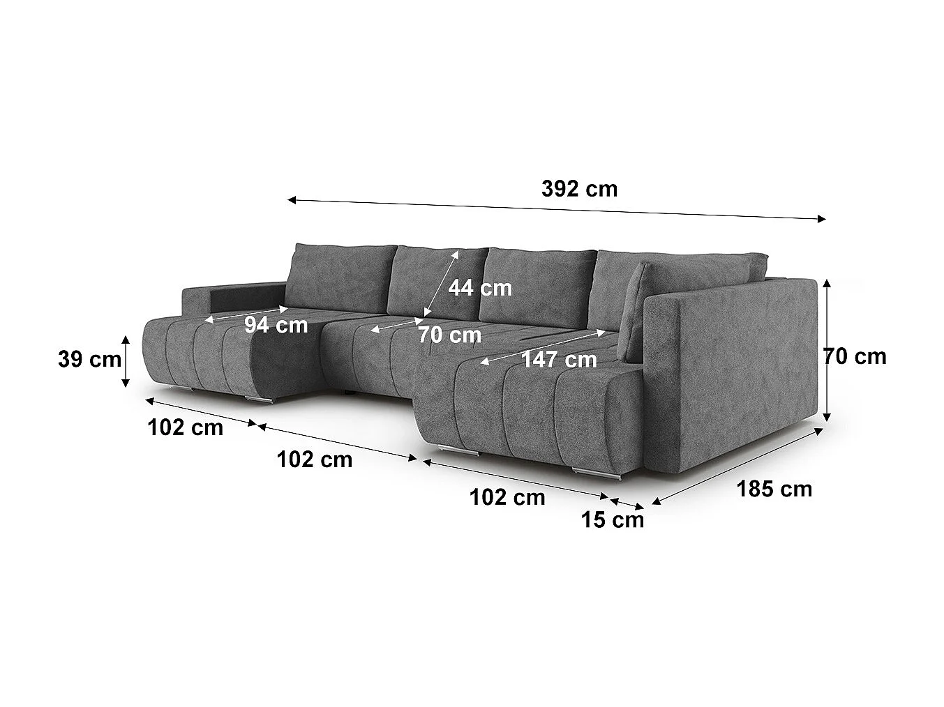 Canapé U 5 places angle droit convertible coffre Sergio Gris foncé