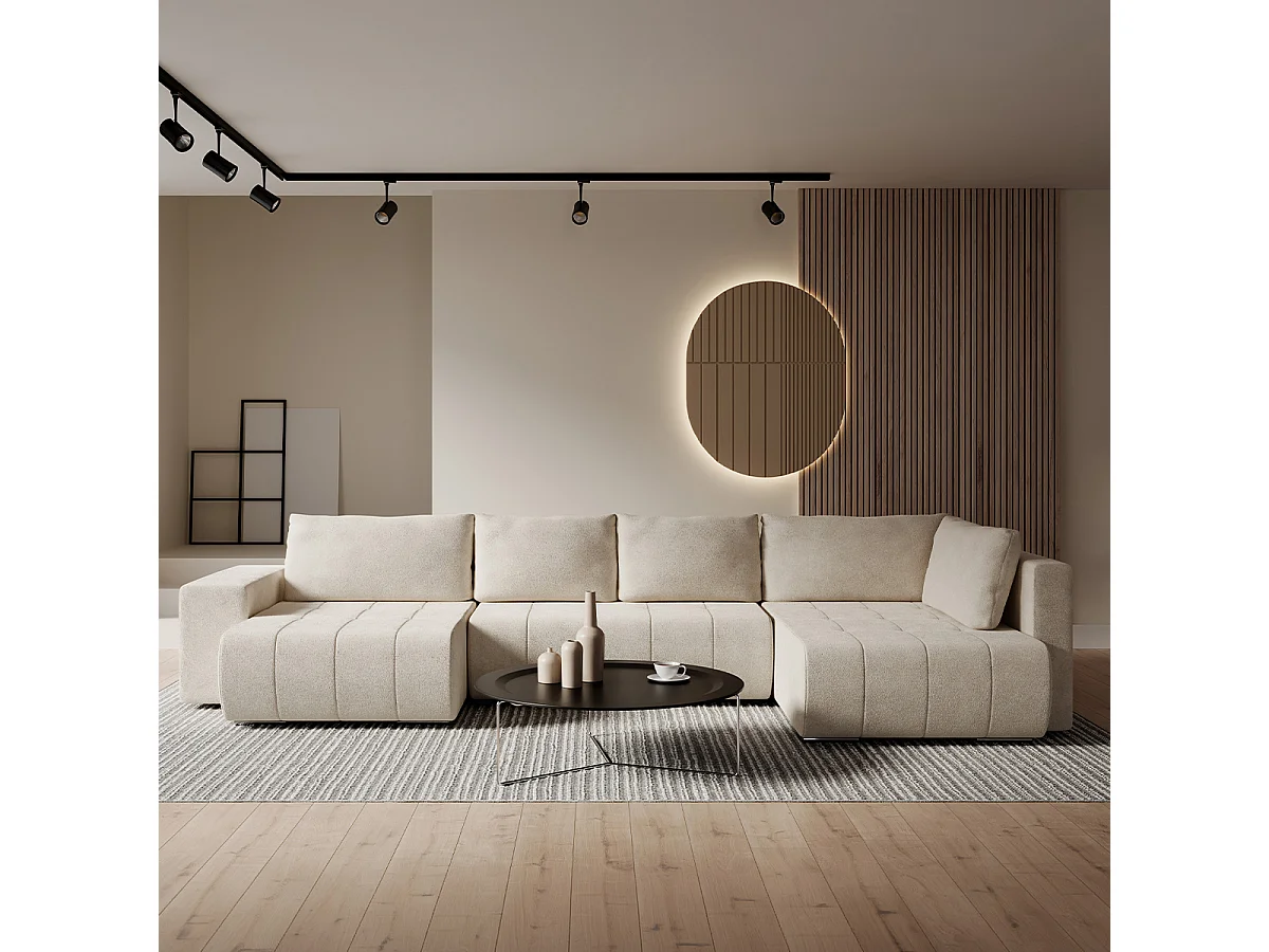 Canapé U 5 places angle droit convertible coffre Sergio Beige