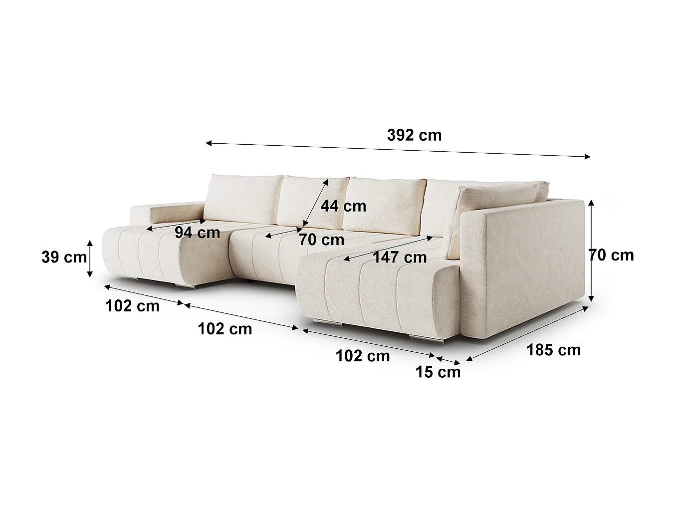 Canapé U 5 places angle droit convertible coffre Sergio Beige